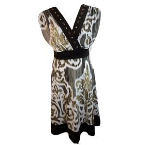 NEW Roulette Dress Brown White Sleeveless V Front Belted Beaded Flattering Lrg